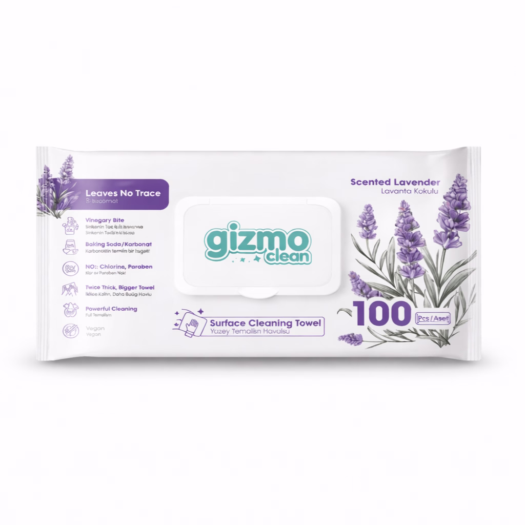 دستمال مرطوب Gizmo Clean - رایحه Lavender - پاککننده سطوح با سرکه و جوششیرین. دستمال مرطوب نظافت سطوح گیزمو کلین مدل اسطوخودوس بسته ۱۰۰ عددی ساخت ترکیه.