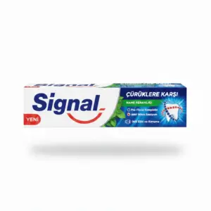 نمای تیوپ و جعبه خمیر دندان سیگنال Signal مدل Curuklere Karsi با تم رنگی آبی و سبز