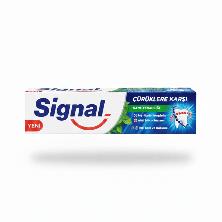 IMG_4328 نمای تیوپ و جعبه خمیر دندان سیگنال Signal مدل Curuklere Karsi با تم رنگی آبی و سبز