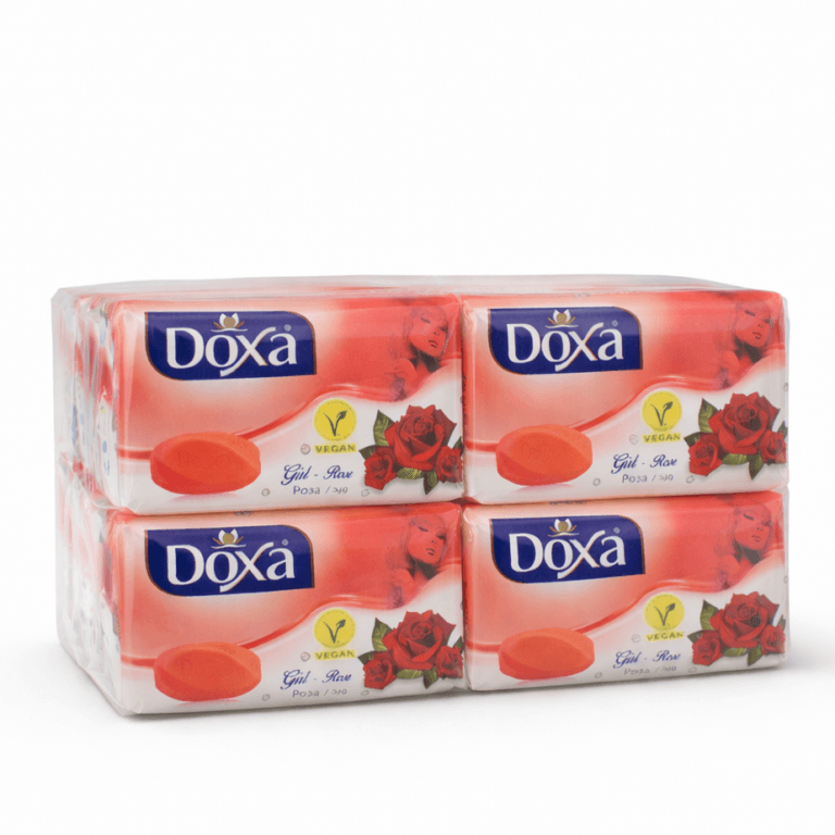 متن: صابون گیاهی دوکسا (Doxa) با رایحه گل رز دارای تاییدیه وگان (Vegan) ساخت ترکیه.