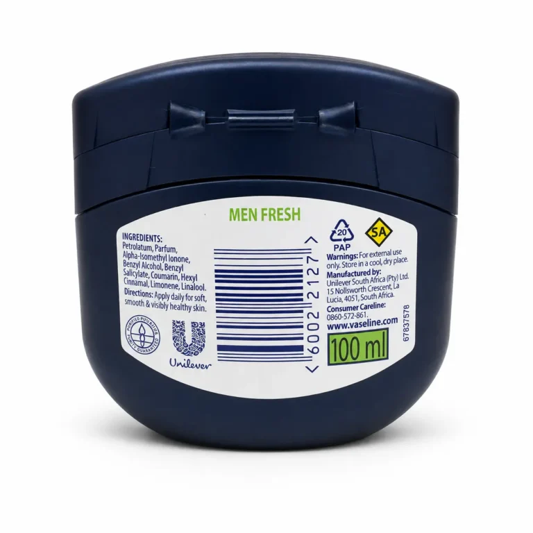 پشت بسته بندی وازلین بلو سیل مردانه Vaseline Men Fresh حجم 100 میل با بارکد 60022127
