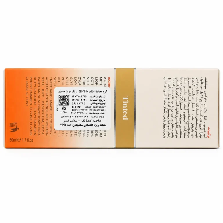 لیبل فارسی کرم ضد آفتاب رنگی مای SPF 30 با ذکر تناژ برنز و تاریخ انقضا