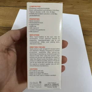 پشت جعبه ضد آفتاب رنگی مای SPF 60 شامل ترکیبات، ویژگی ها و طرز مصرف