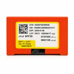 لیبل پشت جعبه ضد آفتاب کودکان پرودرما SPF 35 شامل بارکد اصالت و تاریخ انقضا